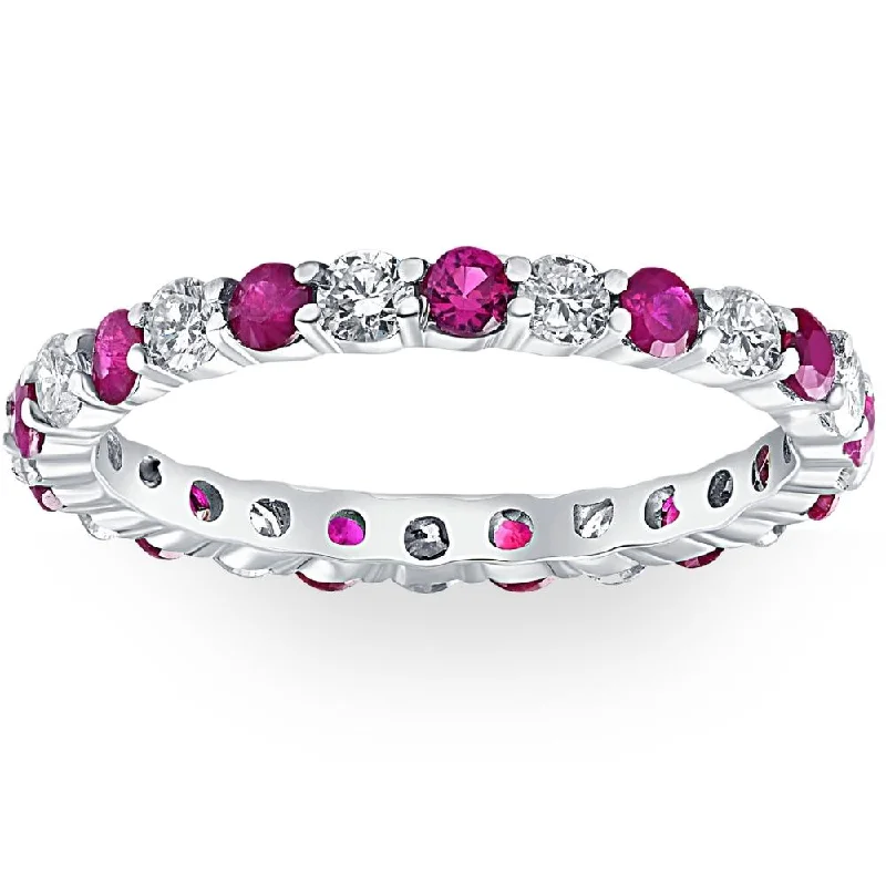 Sleek platinum ring-1 cttw Ruby & Diamond Wedding Eternity Stackable Ring 10k White Gold