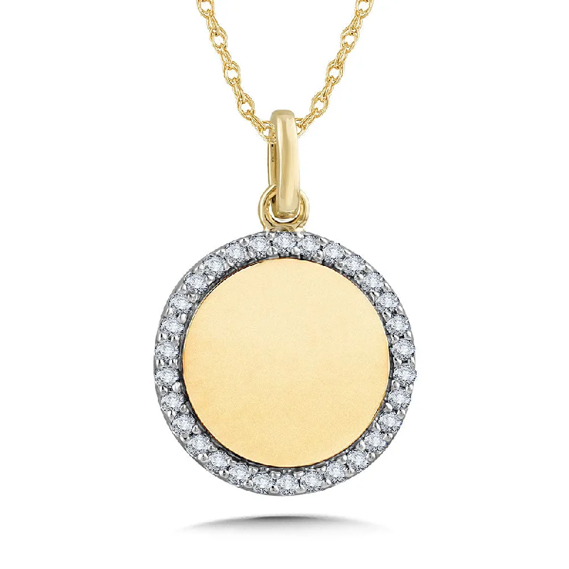 Raised gem necklace-10K Flat & Round Tailored Tags Diamond Halo Pendant