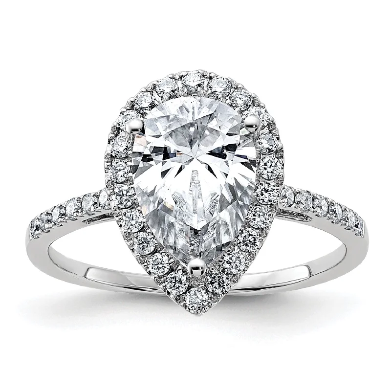 Laser-cut ring-10X7MM Pear Moissanite Halo Engagement Ring in 14KT White Gold; Size 7