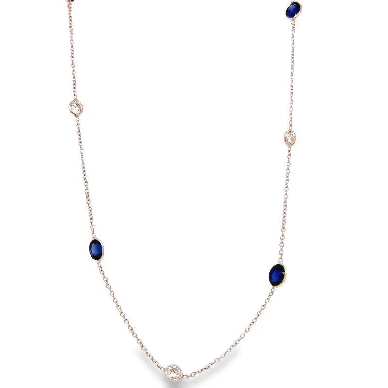 Minimalist pearl necklace-14K White Gold Diamond and Sapphire Yard Necklace