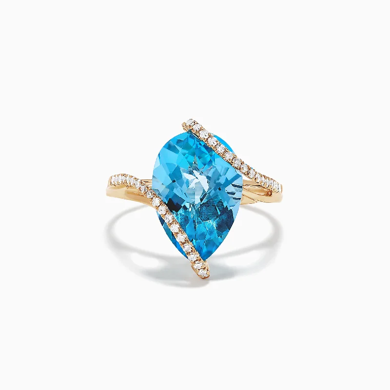 Wing-shaped ring-Ocean Bleu 14K Yellow Gold Blue Topaz and Diamond Ring, 6.28 TCW