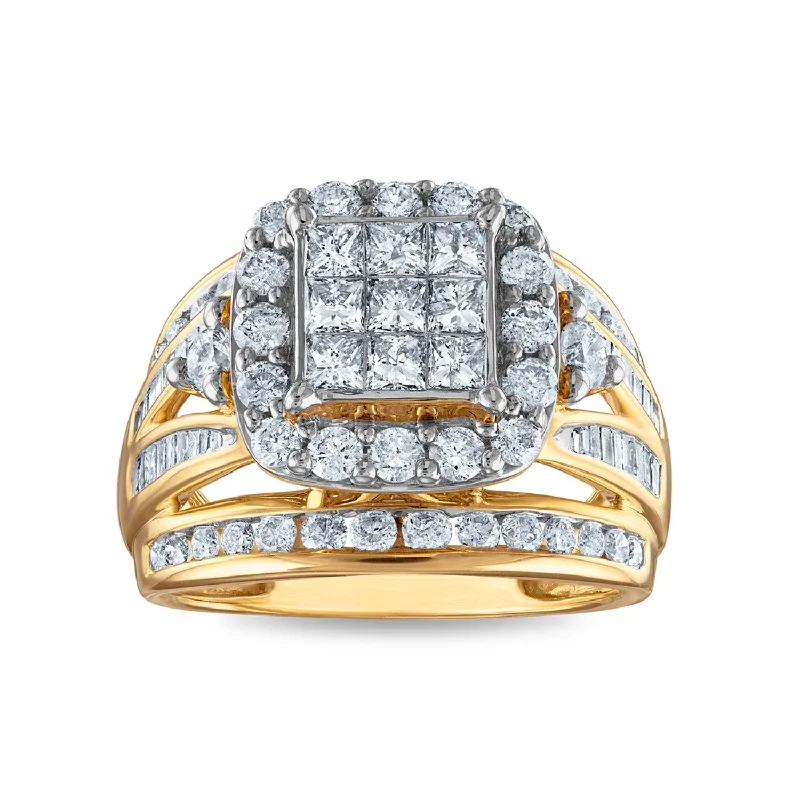 Tension-set ring-2 CTW Diamond Halo Cluster Engagement Cushion Shape Ring in 10KT Yellow Gold