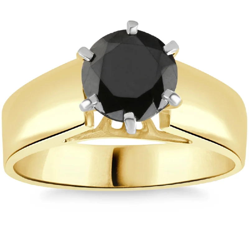 Asscher cut ring-2Ct Round Black Diamond Solitaire Engagement Ring 14k Yellow Gold