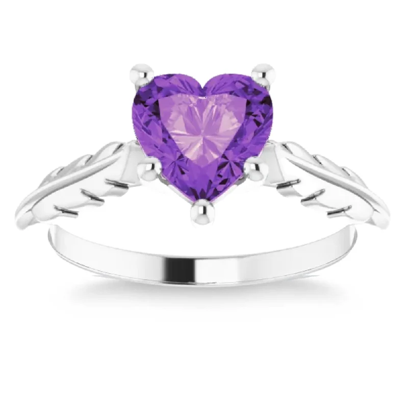 Leafy vine ring-7mm Amethyst Solitaire Heart Shape Leaf Accent Ring in 14k White or Yellow Gold