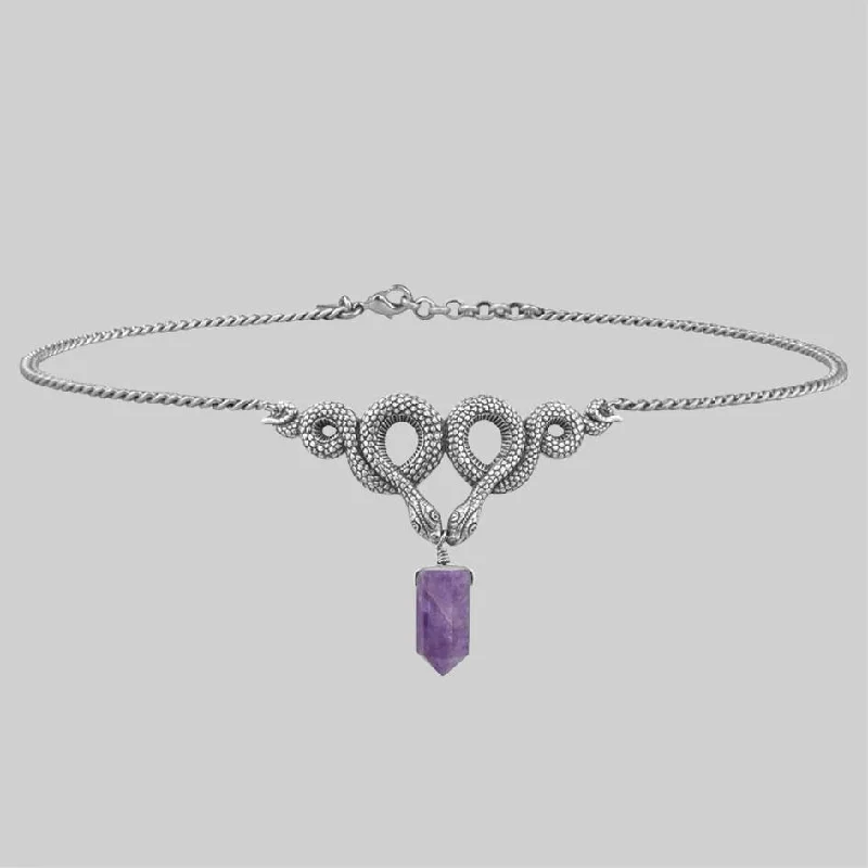 Luxe morganite necklace-A DARK LURE. Snake & Amethyst Gemstone Chain Choker