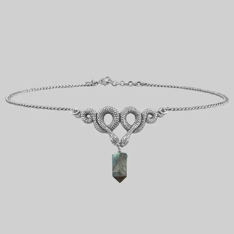 Petal-shaped necklace-A DARK LURE. Snake & Labradorite Gemstone Chain Choker