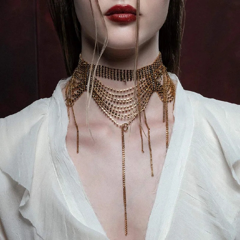 Satin gold necklace-ALLURE. Dazzle Chain Drop Choker - Gold