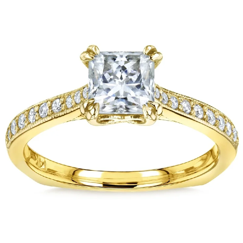 Hammered finish ring-Annello by Kobelli 14k Gold 1 1/10ct TGW Princess Moissanite and Diamond Euro Shank Engagement Ring (GH/VS, GH/I)