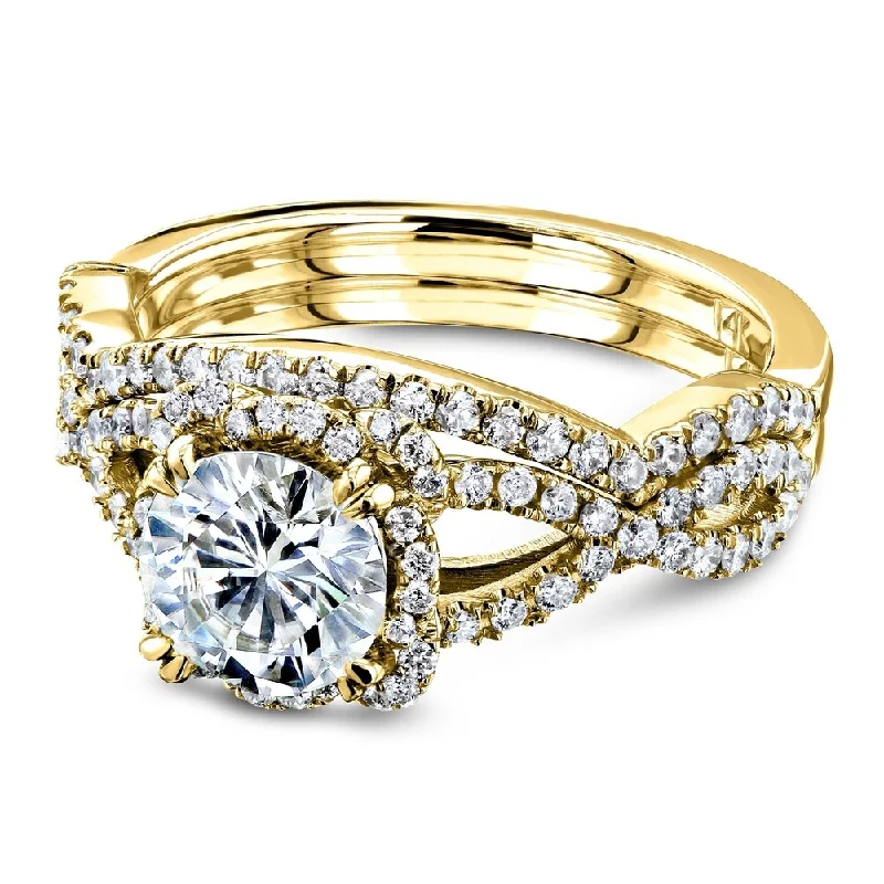 Sunken stone ring-Annello by Kobelli 14k Gold 1-1/2ct.tw Forever One Moissanite Bridal Set, Halo Diamond Crossover Split Shank - Multiple Colors