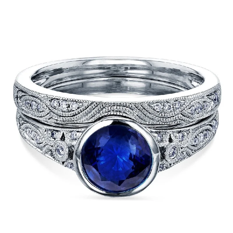 Bold gold ring-Annello by Kobelli 14k White Gold 1 1/10ct TGW Blue Sapphire Bezel Low Setting Vintage Bridal Rings Set