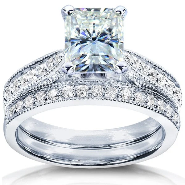 Flush-mount ring-Annello by Kobelli 14k White Gold 1 1/2ct TGW Radiant Moissanite and Diamond Vintage Bridal Rings Set