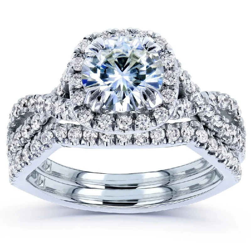 Hand-carved ring-Annello by Kobelli 14k White Gold 1 3/4ct TGW Round Moissanite and Diamond Crisscross Bridal Rings Set