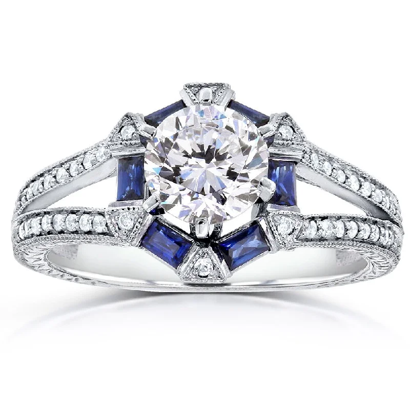 Tapered gem ring-Annello by Kobelli 14k White Gold 1 3/5ct TGW Forever One DEF Moissanite, Baguette Sapphire. and Diamond Art Deco Ring