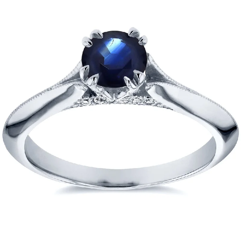 Bold pave ring-Annello by Kobelli 14k White Gold Blue Sapphire and Diamond Accent Antique Floral Sleek Edged Engage