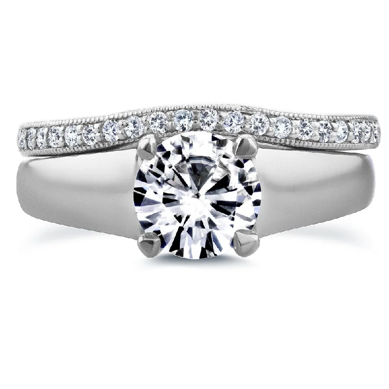 Textured edge ring-Annello by Kobelli 14k White Gold Round Cut Moissanite Solitaire and 1/6ct TDW Diamond Band Bridal S