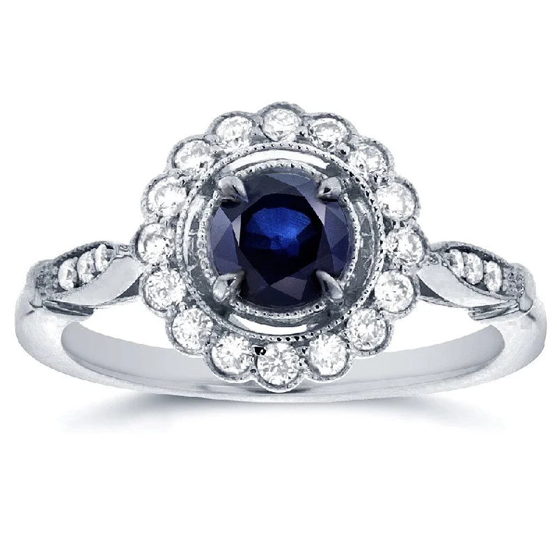 Dotted gem ring-Annello by Kobelli 14k White Gold Round-cut Sapphire and 1/4ct TDW Diamond Art Deco Flower Engagemen