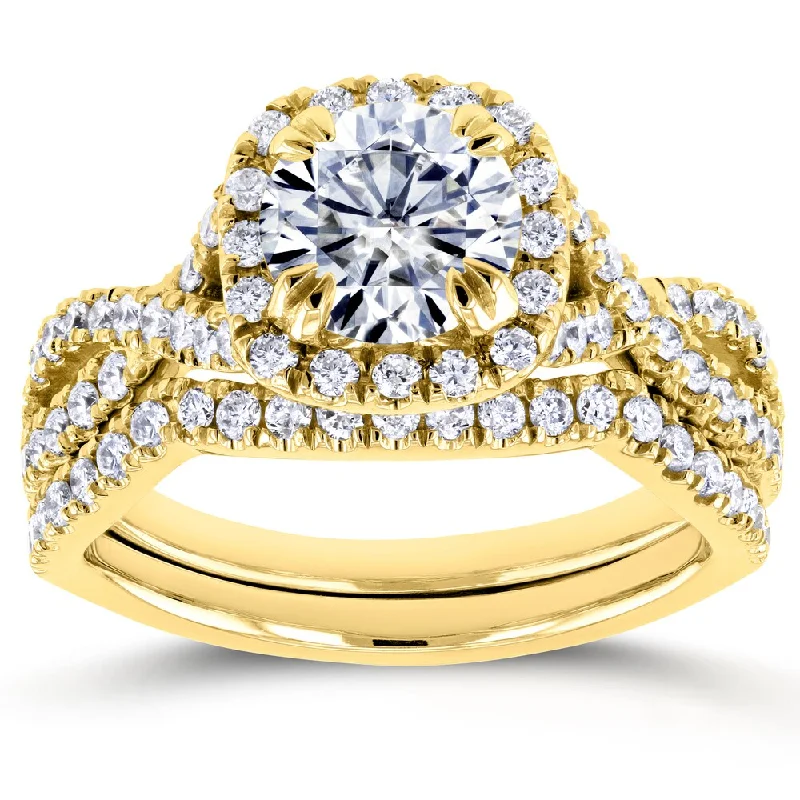 Open-heart ring-Annello by Kobelli 14k Yellow Gold 1ct Forever One DEF Moissanite and 3/4ct TDW Diamond Criss Cross Bridal Set (GH, I1-I2)