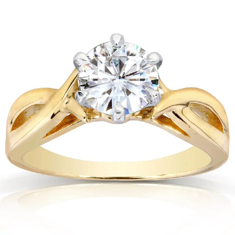 Floral engraved ring-Annello by Kobelli 14k Yellow Gold One Carat Forever One Moissanite Six Prong Crossover Solitaire En