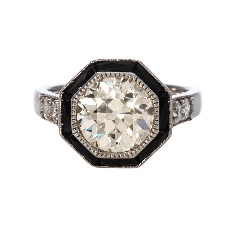 Frosted finish ring-Art Deco 2.67ct Diamond & Onyx Octagonal Halo Platinum Ring