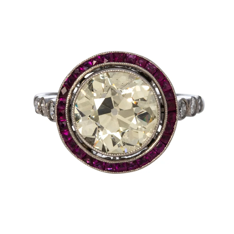 Wing-shaped ring-Art Deco 3.20ct Old European Cut Diamond & Ruby Platinum Ring