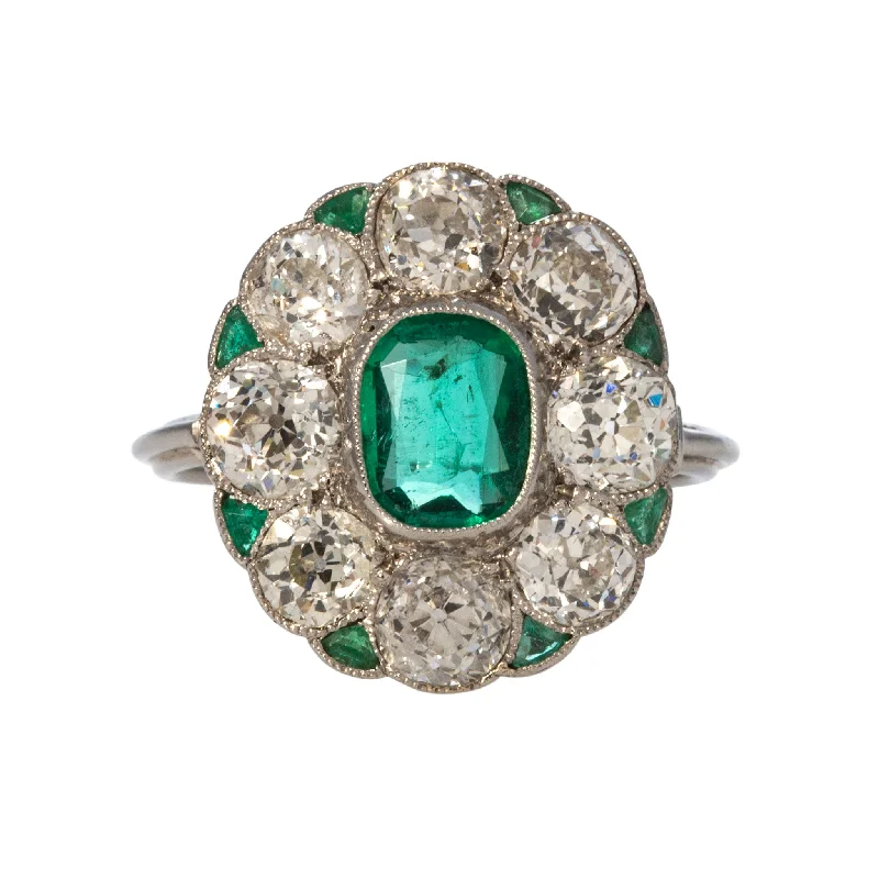 Engraved initial ring-Art Deco Cushion Emerald & Old Mine Cut Diamond Cluster Platinum Ring