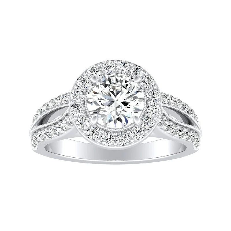 Delicate filigree ring-Auriya 14k Gold Vintage Round 1ct Moissanite and 1/2ct TDW Diamond Halo Engagement Ring