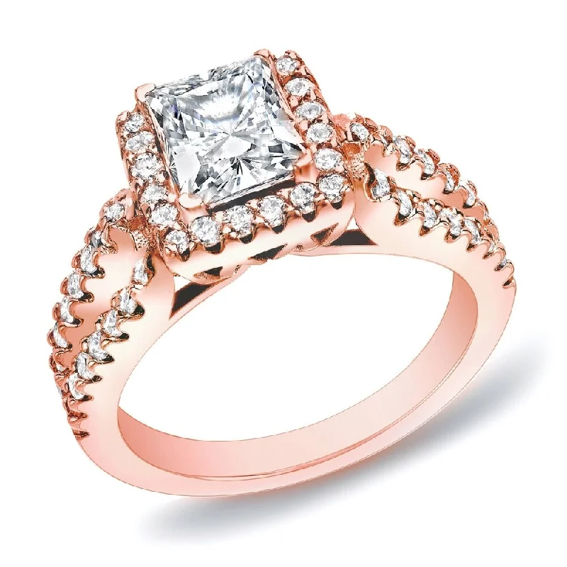 Cabochon ring-Auriya 14k Rose Gold 1 3/4ctw Princess-cut Halo Diamond Engagement Ring (H-I, SI1-SI2)