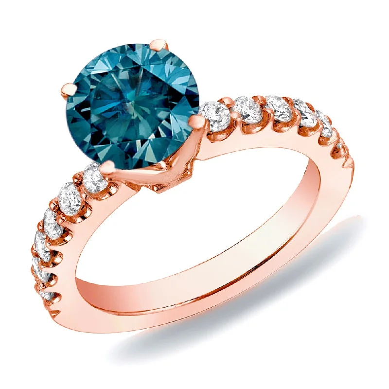 Oval gem ring-Auriya 14k Rose Gold 1ctw Round Blue Diamond Engagement Ring H-I, SI1-SI2