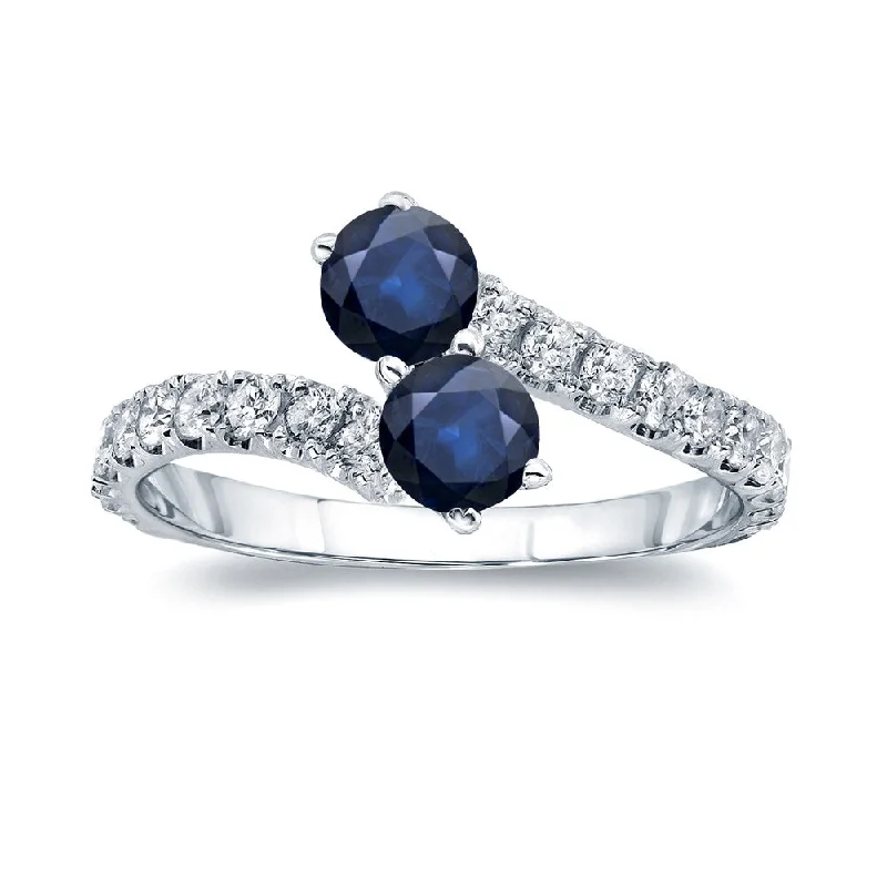 Organic shape ring-Auriya 1ct Blue Sapphire and 1/2ct TDW 2-stone Diamond Engagement Ring 14k Gold