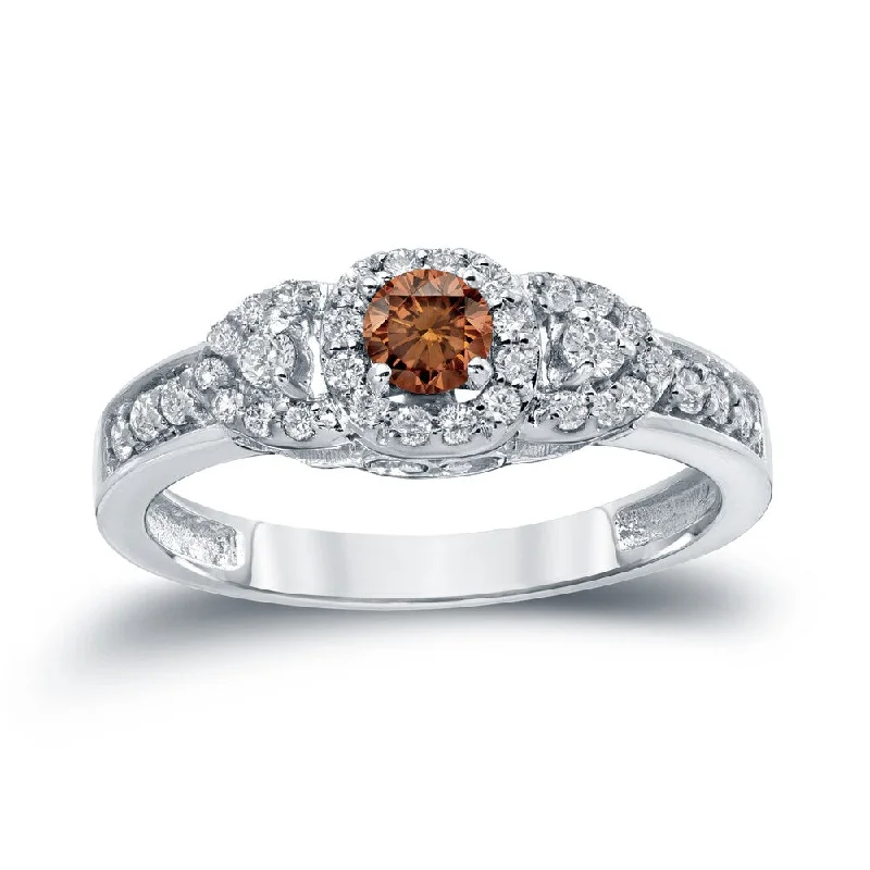 Modern minimalist ring-Auriya 3-Stone 1/2ctw Brown Diamond Engagement Ring 14k Gold