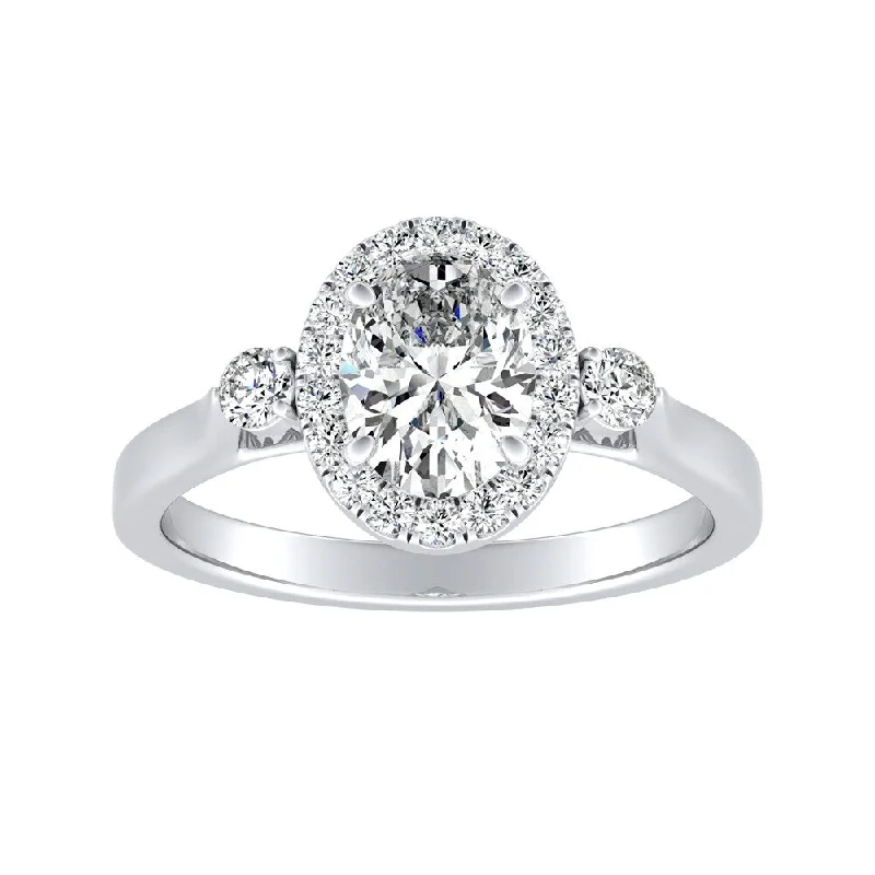 Bold gold ring-Auriya Platinum 1ctw Oval 3-stone Halo Diamond Engagement Ring