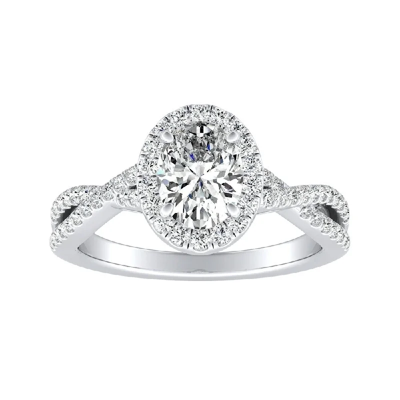 Radiant gem ring-Auriya Platinum Twisted Oval-cut 3/4ctw Halo Diamond Engagement Ring (I-J, I1-I2)