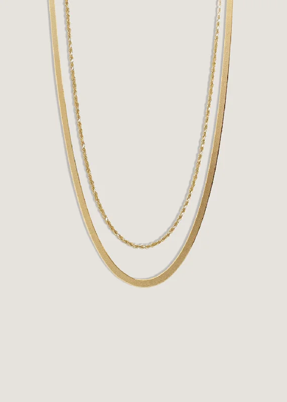 Scalloped edge necklace-Carter Herringbone & Rope Chain Necklace Stack