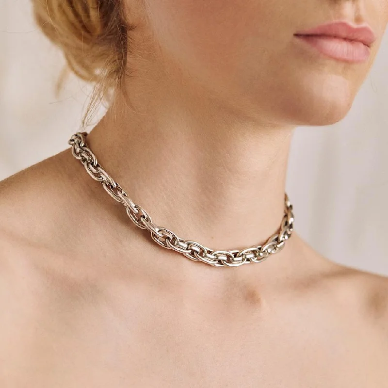 Organic shape necklace-CASSIAN. Chunky Braid Chain Collar Necklace - Silver