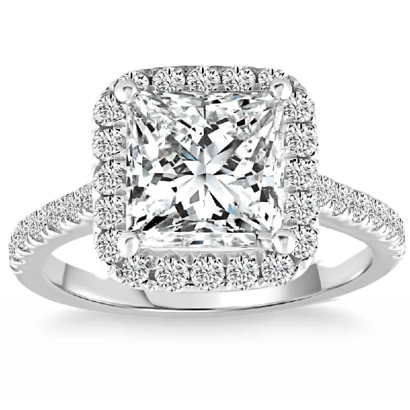 Dotted band ring-Certified 3.80Ct Princess Cut Halo Diamond Engagement Ring 14k White Gold