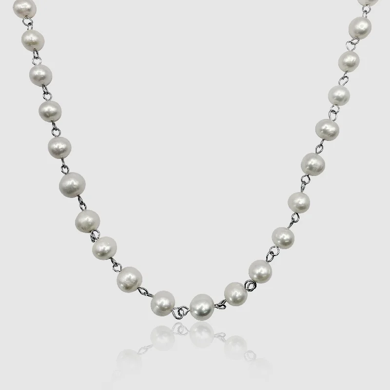 Vintage-inspired opal necklace-Chained Real Pearl Necklace (Silver)