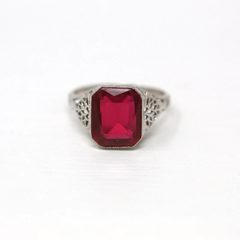 Curved wedding ring-Created Ruby Ring - Art Deco 14k White Gold Filigree Faceted 3.27 CT Statement - Vintage 1930s Era Size 5 July Birthstone Fine Jewelry