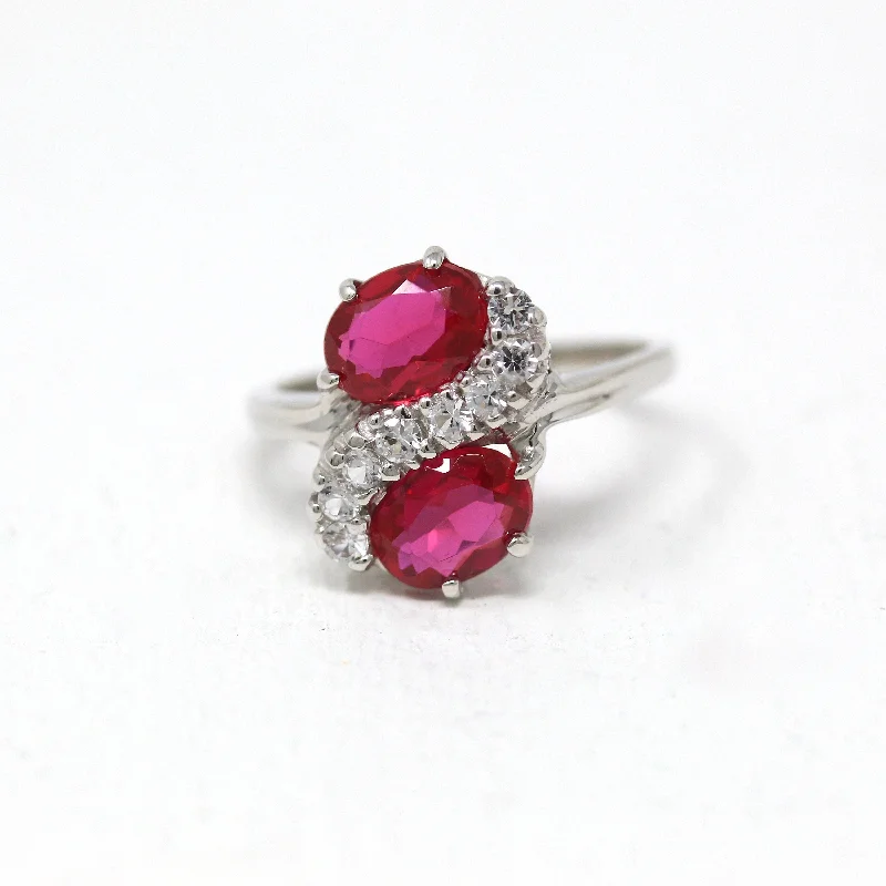 Hinged design ring-Created Ruby Ring - Retro 10k White Gold Oval Faceted 2.16 CTW & White Accent Stones - Vintage 1960s Size 7 3/4 July Birthstone Jewelry