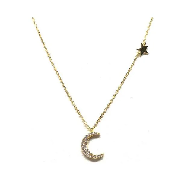 Curved gem necklace-Crystal Moon and Star Necklace: Gold (NCG5/MNSTR)