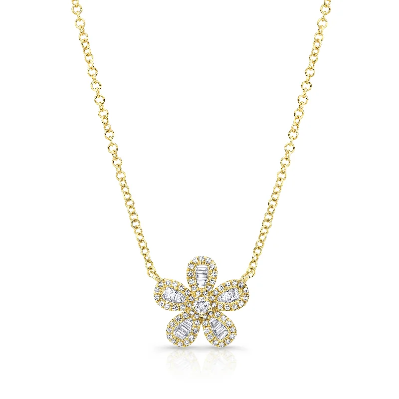 Tension-set necklace-Diamond Baguette Flower Pendant Necklace