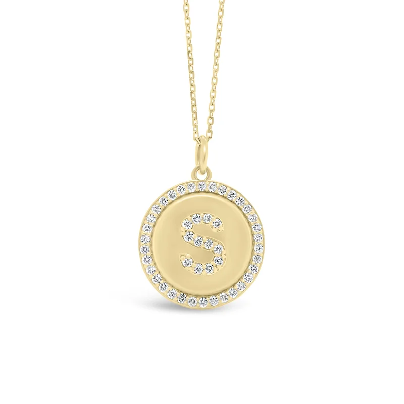 Flat-bar necklace-Diamond Initial Disc Pendant Necklace