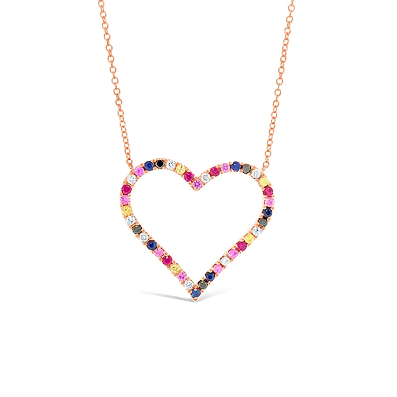 Rough-cut necklace-Diamond & Rainbow Gemstone Heart Pendant Necklace