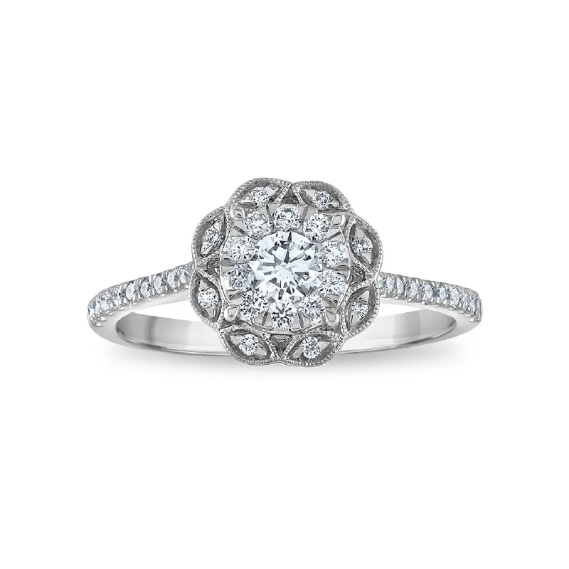 Sculpted gold ring-EcoLove 1/2 CTW Lab Grown Diamond Halo Engagement Ring in 10KT White Gold