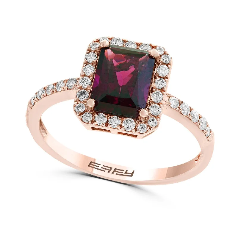 Spiked design ring-EFFY 8X6MM Emerald Shape Rhodolite Garnet and Diamond Halo Engagement Ring in 14KT Rose Gold