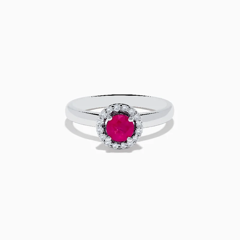 Adjustable gem ring-14K White Gold Round Diamond Halo Ruby Ring, 0.69 TCW