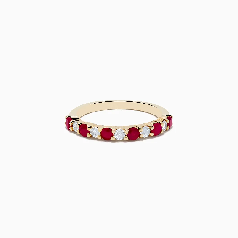 Claw-set ring-14K Yellow Gold Ruby and Diamond Band 0.88 TCW