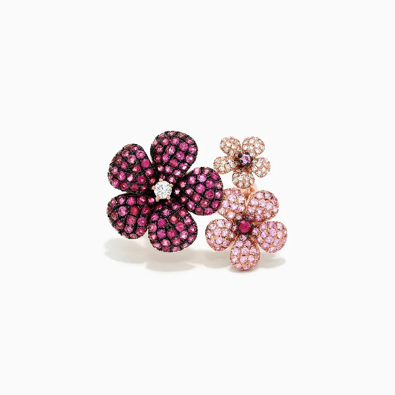 Multi-stone ring-Nature 14K Rose Gold Sapphire, Ruby & Diamond Flower Ring, 3.45 TCW