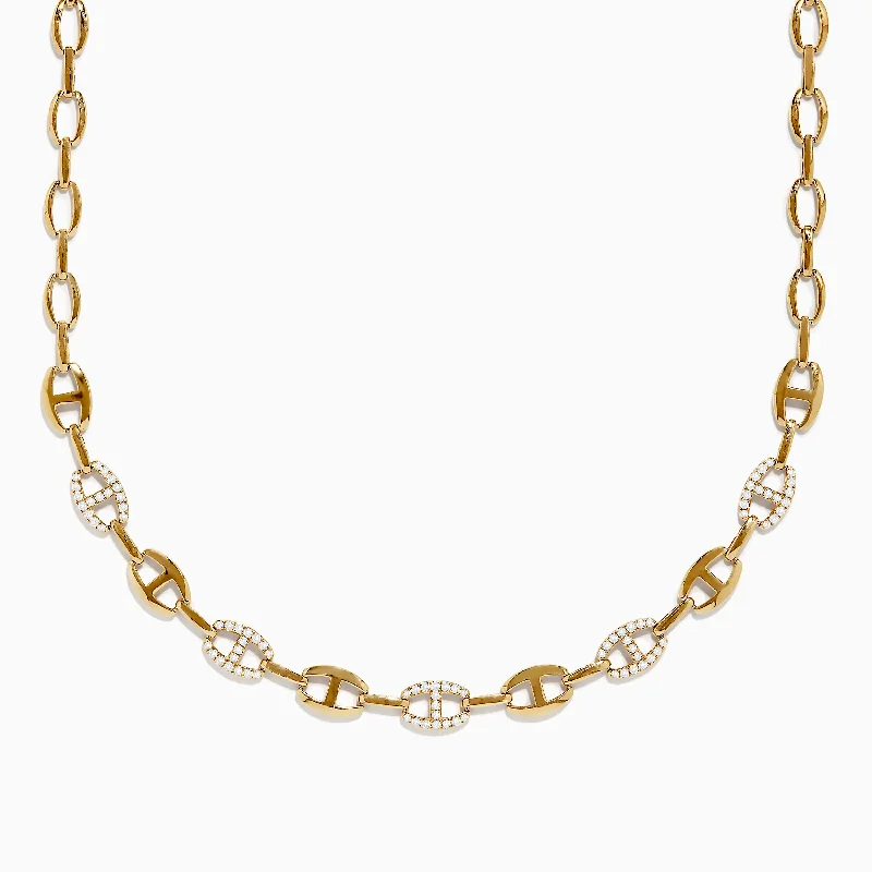 Wide-set necklace-D'Oro 14K Yellow Gold Diamond Anchor Chain Necklace