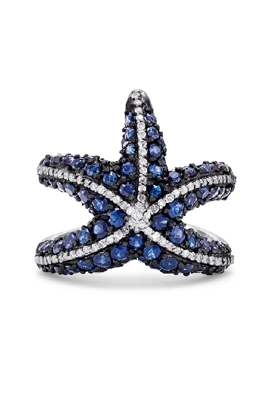 Radiant gem ring-Seaside 14K White Gold Sapphire & Diamond Starfish Ring