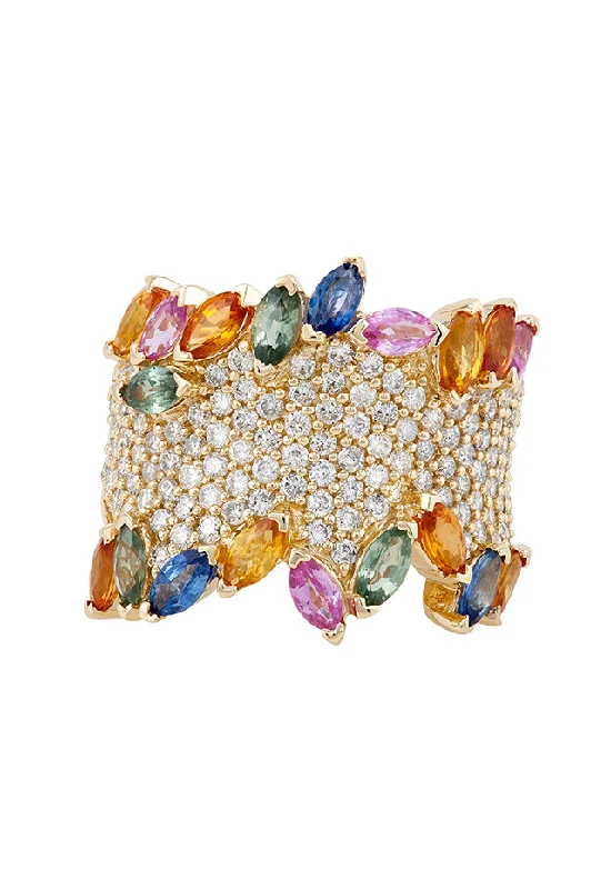 Modern amethyst ring-Watercolors 14K Yellow Gold Multi Sapphire and Diamond Ring, 4.60 TCW